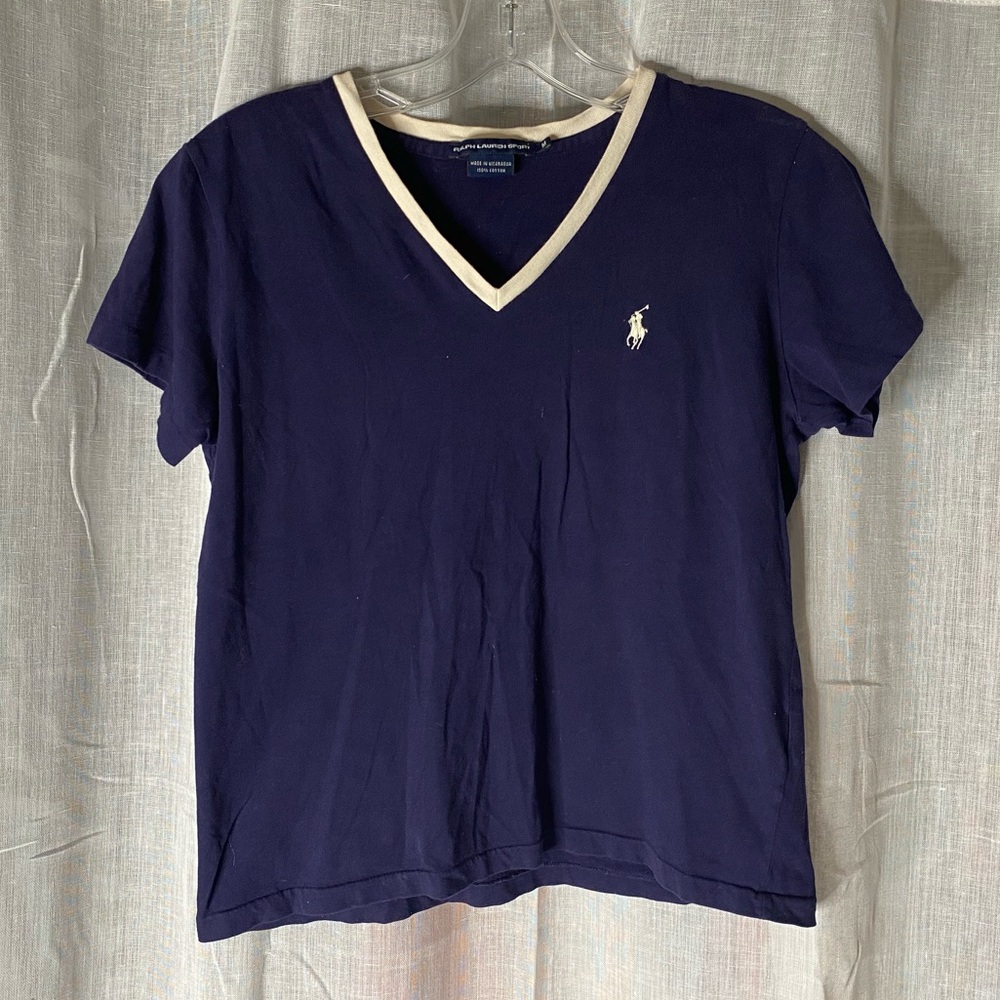 Ralph Lauren Sport V-Neck T-Shirt Women Medium Navy Blue White Pony Logo Cotton